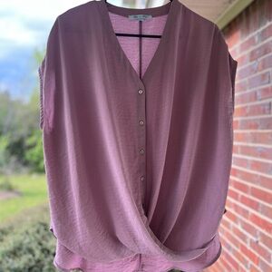 She + Sky Light Purple Short Sleeve Button-Front Draped Blouse